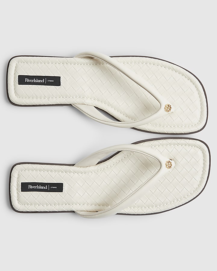 Cream Woven Toe Thong Flat Sandals