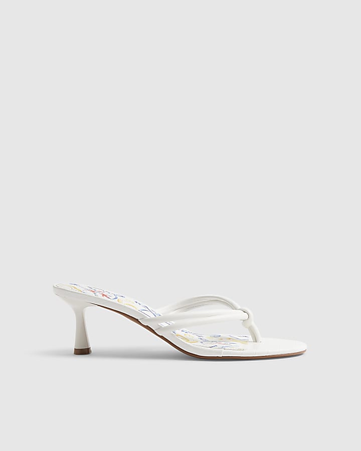 White Toe Thong Mid Heeled Sandals