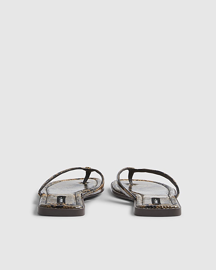 Brown Snake Print Toe Thong Flat Sandal