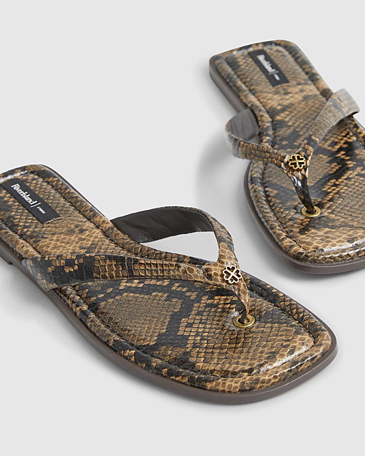 Brown Snake Print Toe Thong Flat Sandal