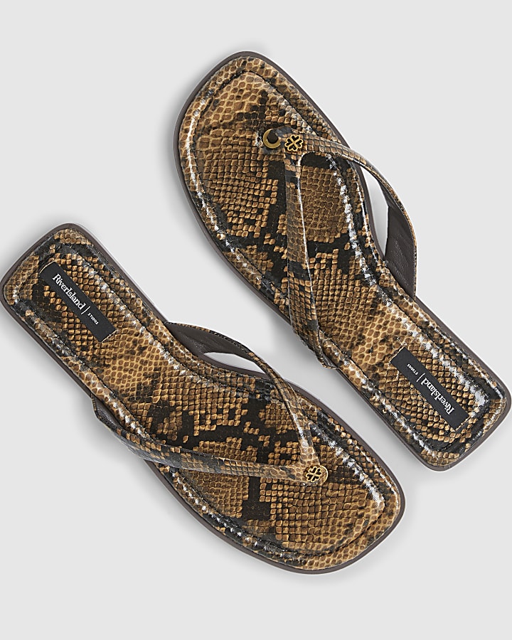 Brown Snake Print Toe Thong Flat Sandal