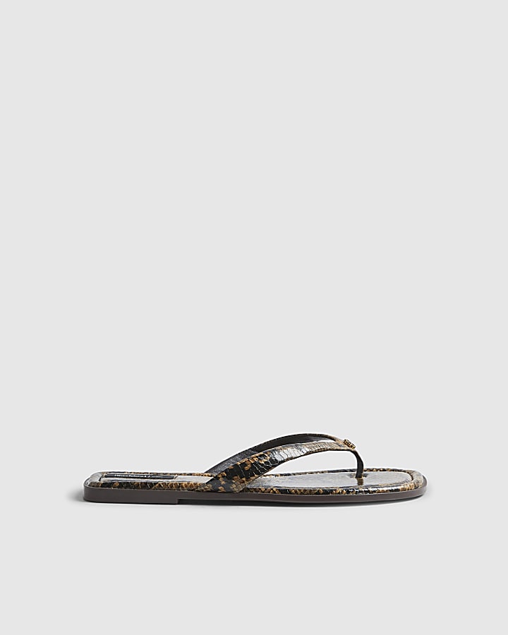 Brown Snake Print Toe Thong Flat Sandal