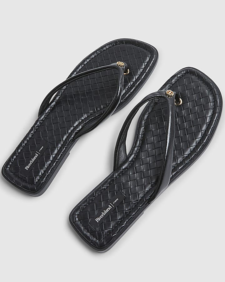 Black Woven Toe Thong Flat Sandals
