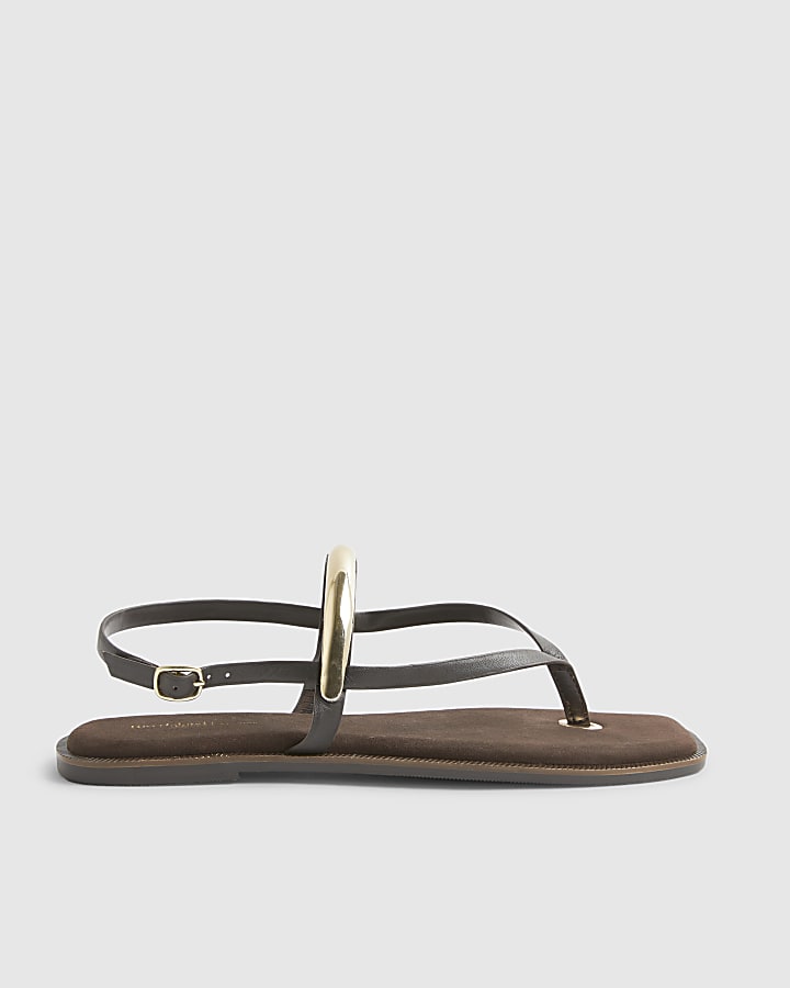 Brown Leather Toe Thong Bangle Flat Sandals