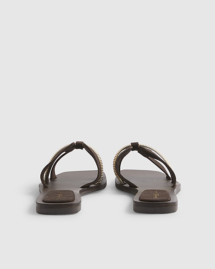 Brown Suede Strap Flat Sandals