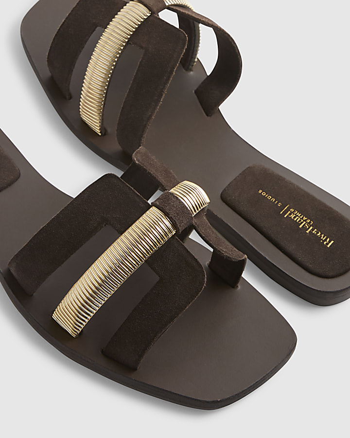 Brown Suede Strap Flat Sandals