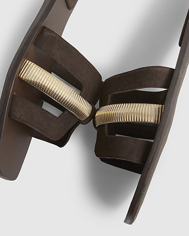 Brown Suede Strap Flat Sandals