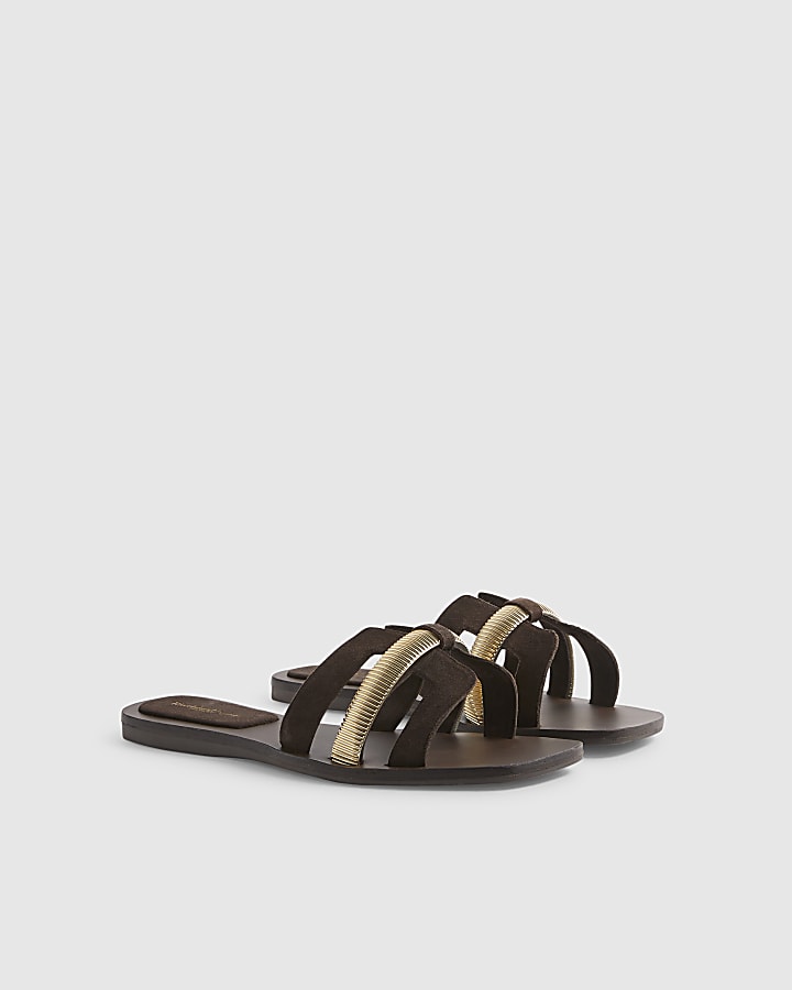 Brown Suede Strap Flat Sandals