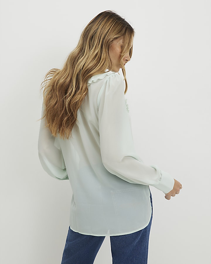 Green Tie Neck Long Sleeve Blouse