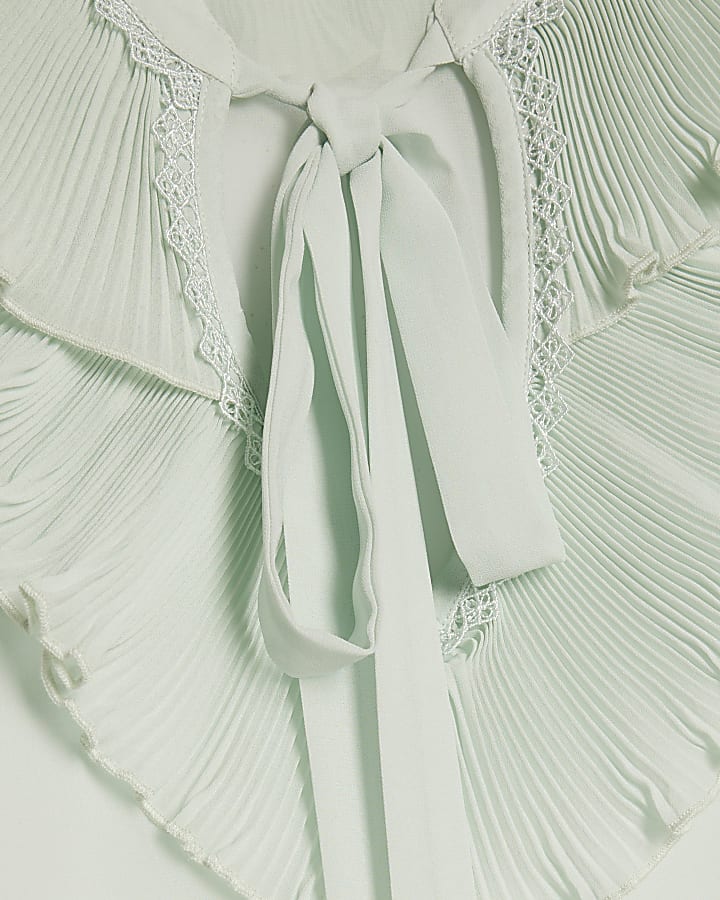 Green Tie Neck Long Sleeve Blouse