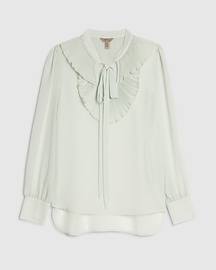 Green Tie Neck Long Sleeve Blouse