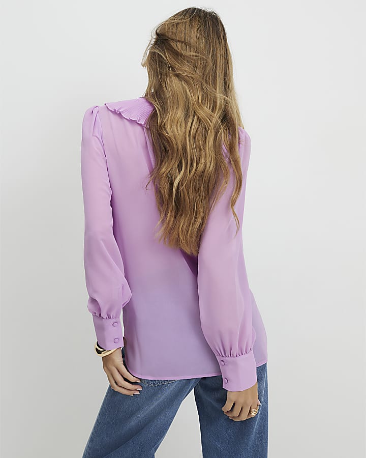 Purple Tie Neck Long Sleeve Blouse