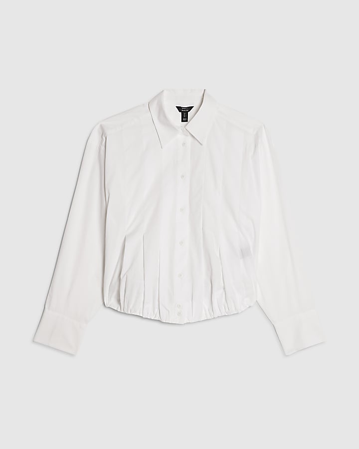 White Long Sleeve Bubble Hem Poplin Shirt