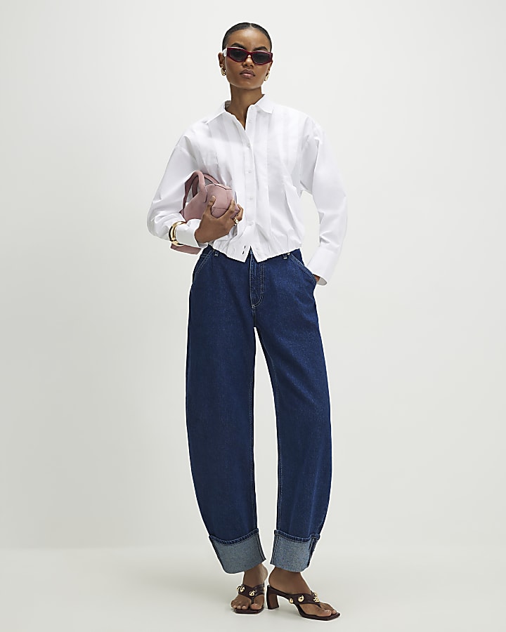 White Long Sleeve Bubble Hem Poplin Shirt