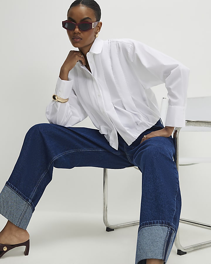 White Long Sleeve Bubble Hem Poplin Shirt