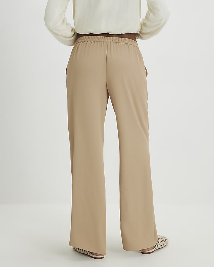 Beige Crepe Wide Leg Trousers