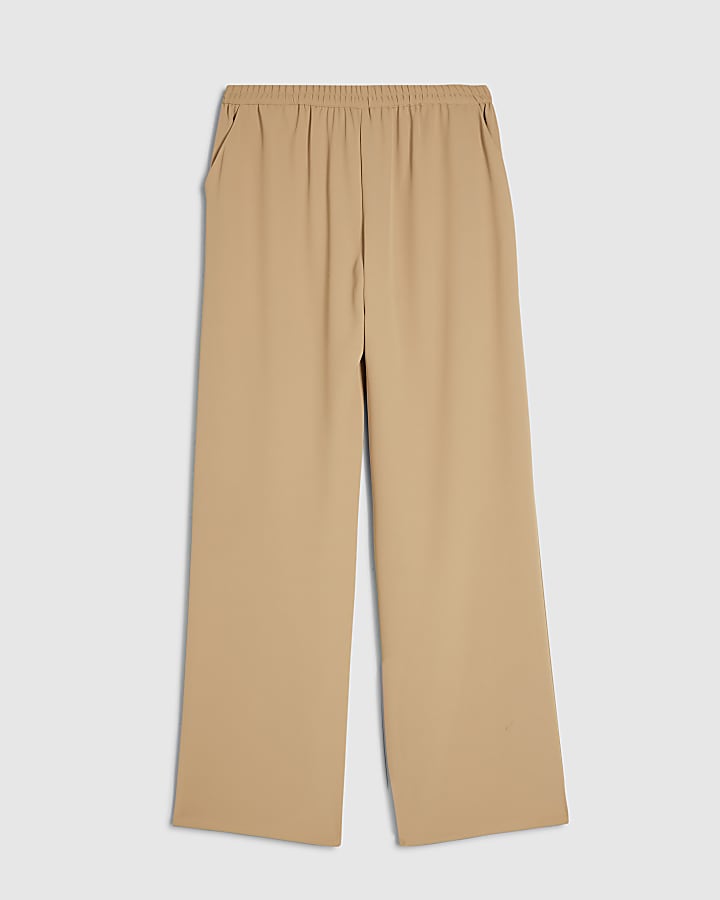Beige Crepe Wide Leg Trousers