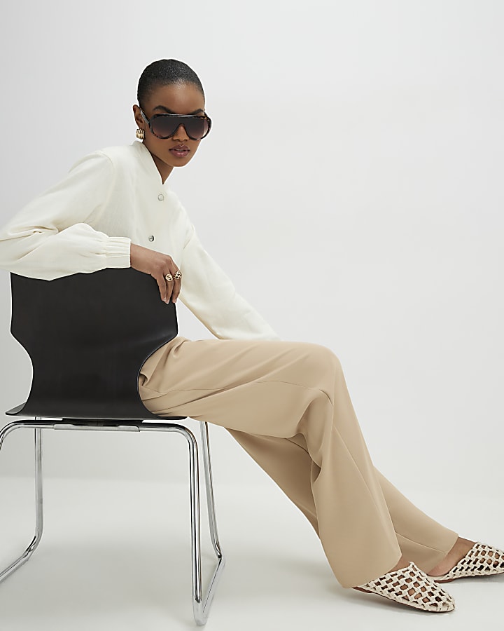 Beige Crepe Wide Leg Trousers