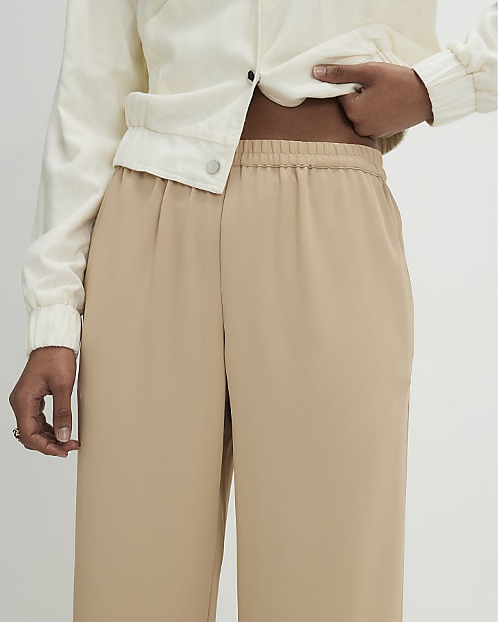 Beige Crepe Wide Leg Trousers