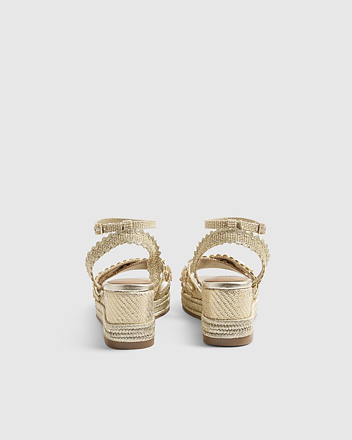 Gold Cross Strap Shell Detail Wedge Sandals