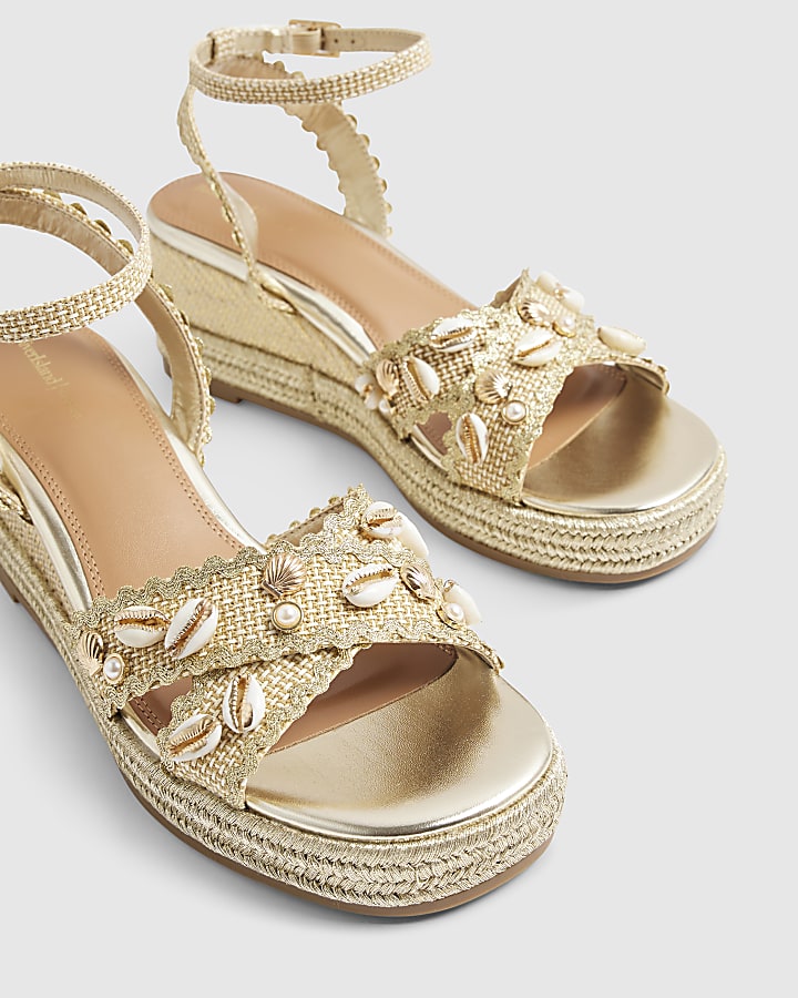 Gold Cross Strap Shell Detail Wedge Sandals