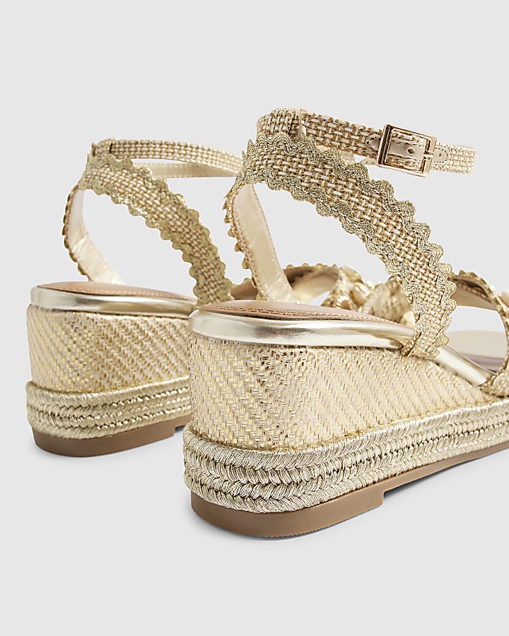 Gold Cross Strap Shell Detail Wedge Sandals