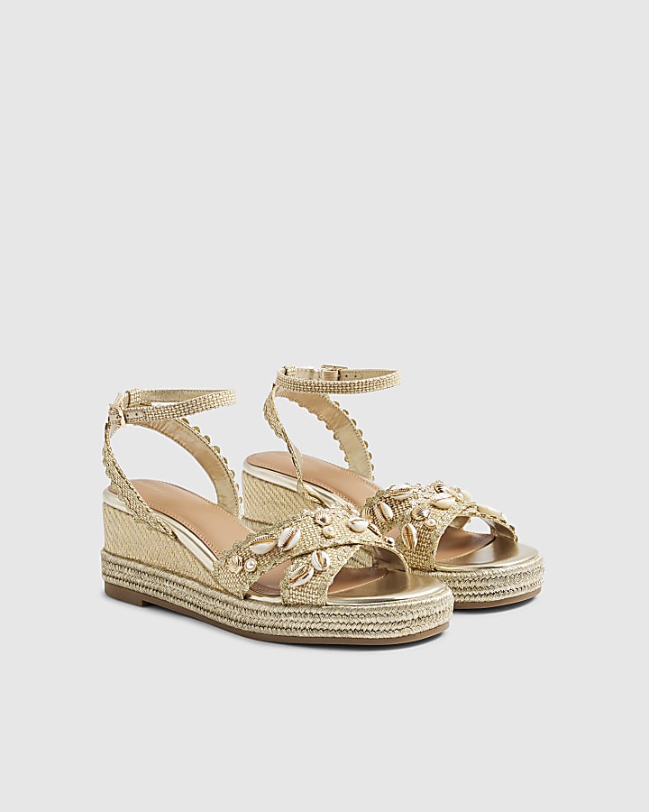 Gold Cross Strap Shell Detail Wedge Sandals