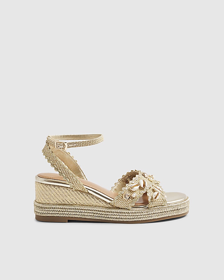 Gold Cross Strap Shell Detail Wedge Sandals