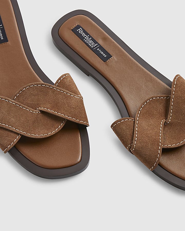 Brown Suede Twist Strap Sandals