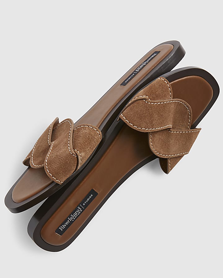 Brown Suede Twist Strap Sandals