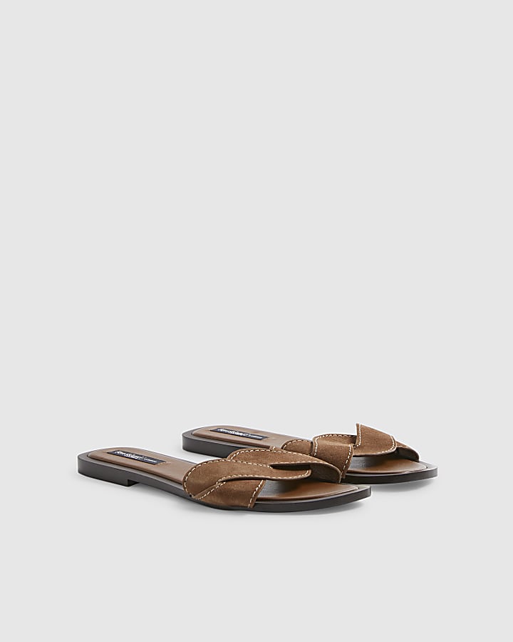 Brown Suede Twist Strap Sandals