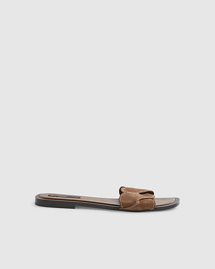 Brown Suede Twist Strap Sandals