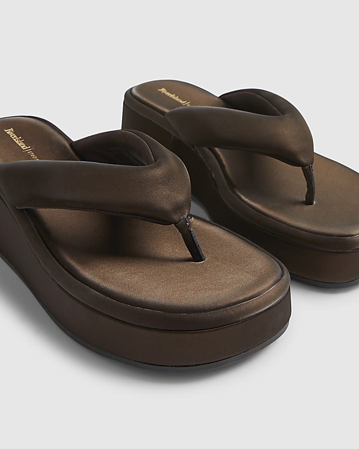 Brown Padded Toe Thong Flatform Sandals