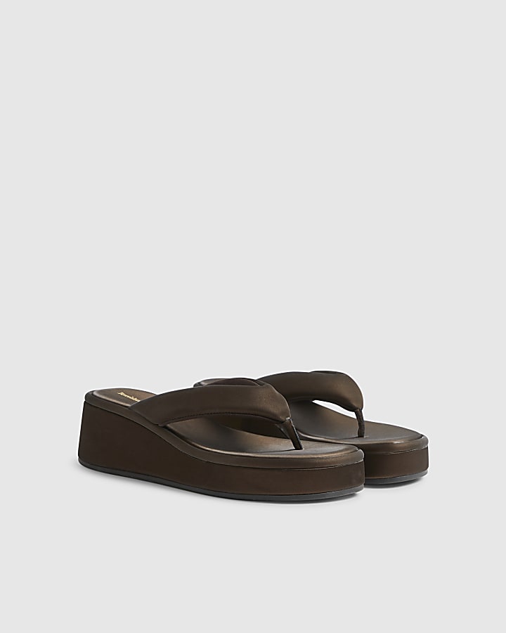 Brown Padded Toe Thong Flatform Sandals