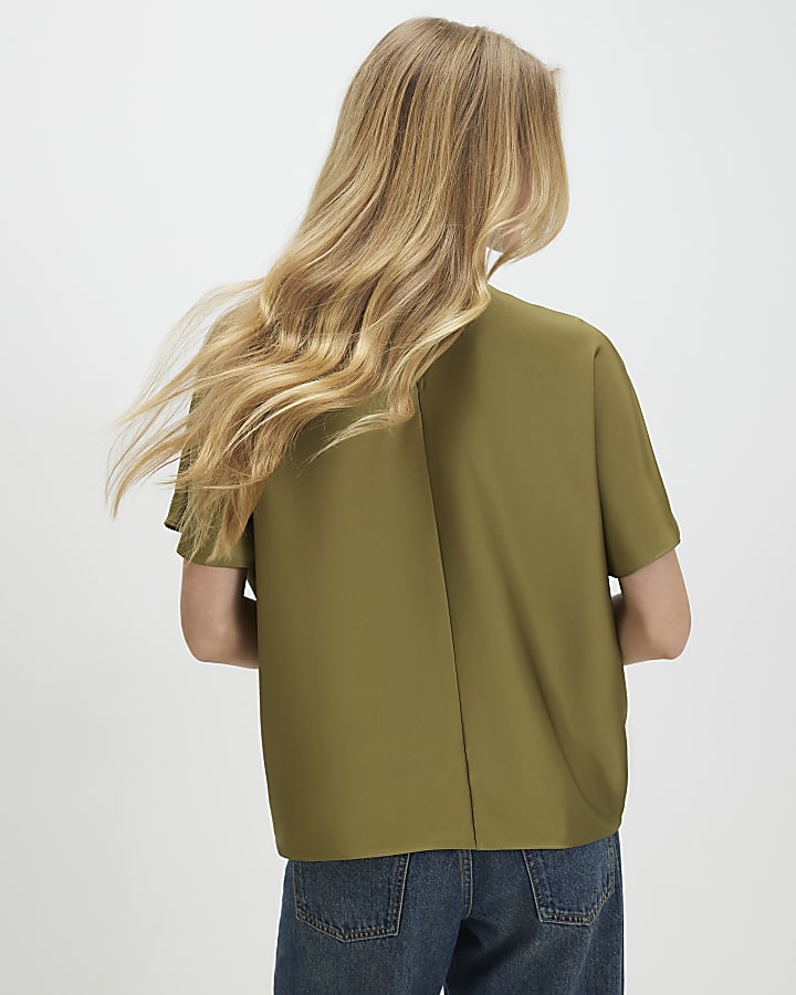 Khaki Tuck Hem Satin T-Shirt