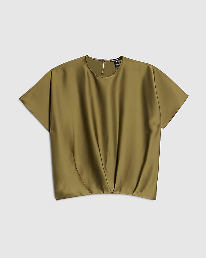 Khaki Tuck Hem Satin T-Shirt