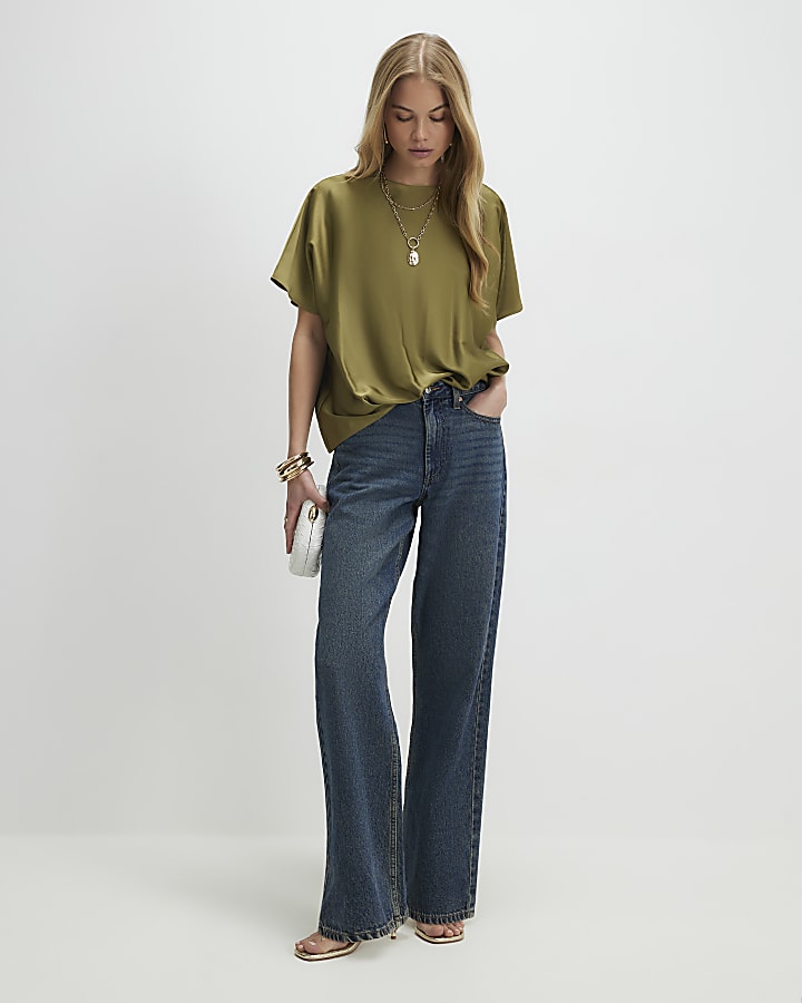 Khaki Tuck Hem Satin T-Shirt