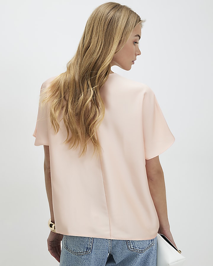 Pink Tuck Hem Satin T-Shirt
