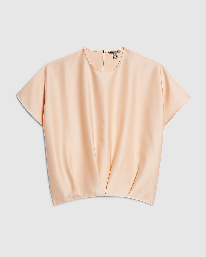 Pink Tuck Hem Satin T-Shirt
