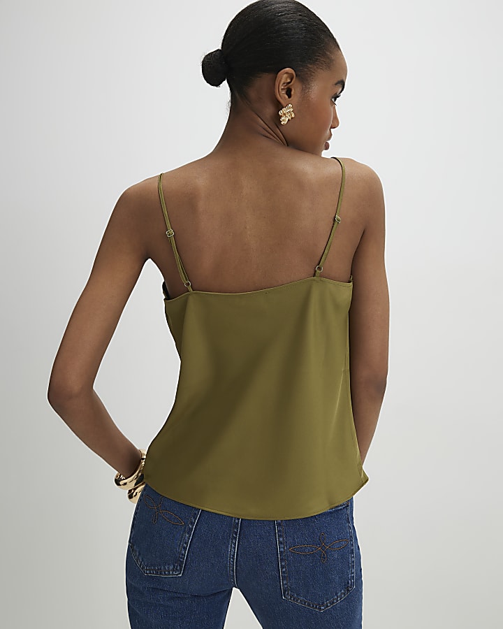 Khaki Satin Scallop Trim Cami Top