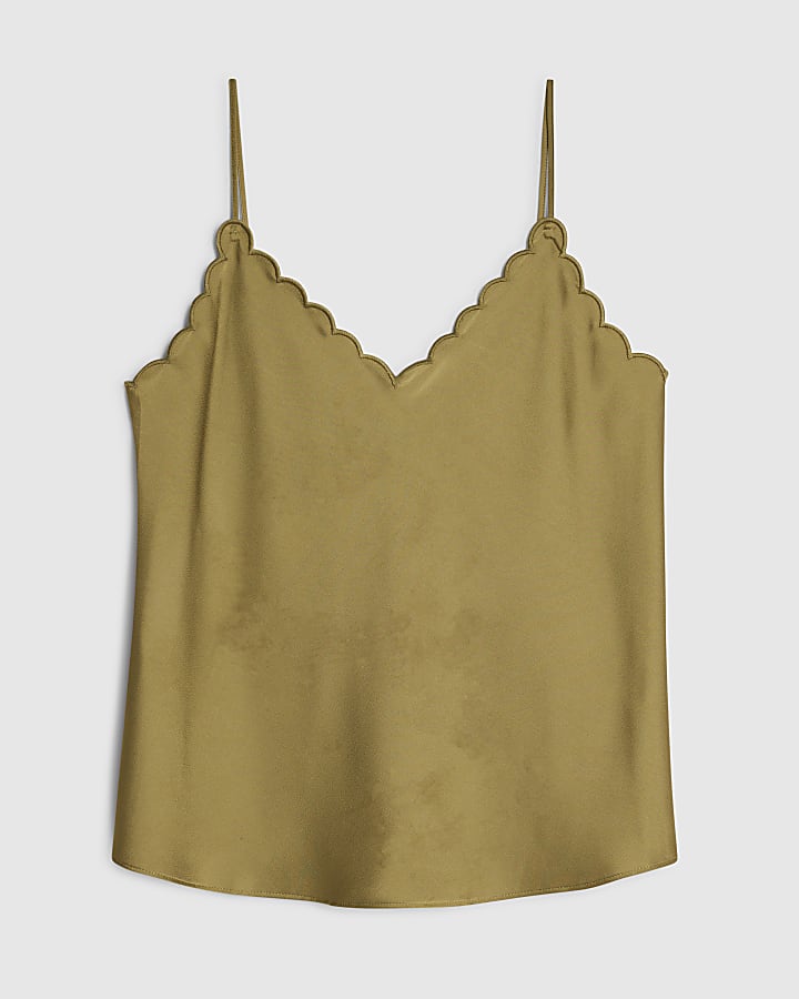 Khaki Satin Scallop Trim Cami Top