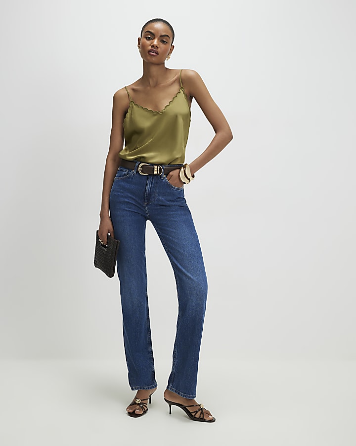 Khaki Satin Scallop Trim Cami Top