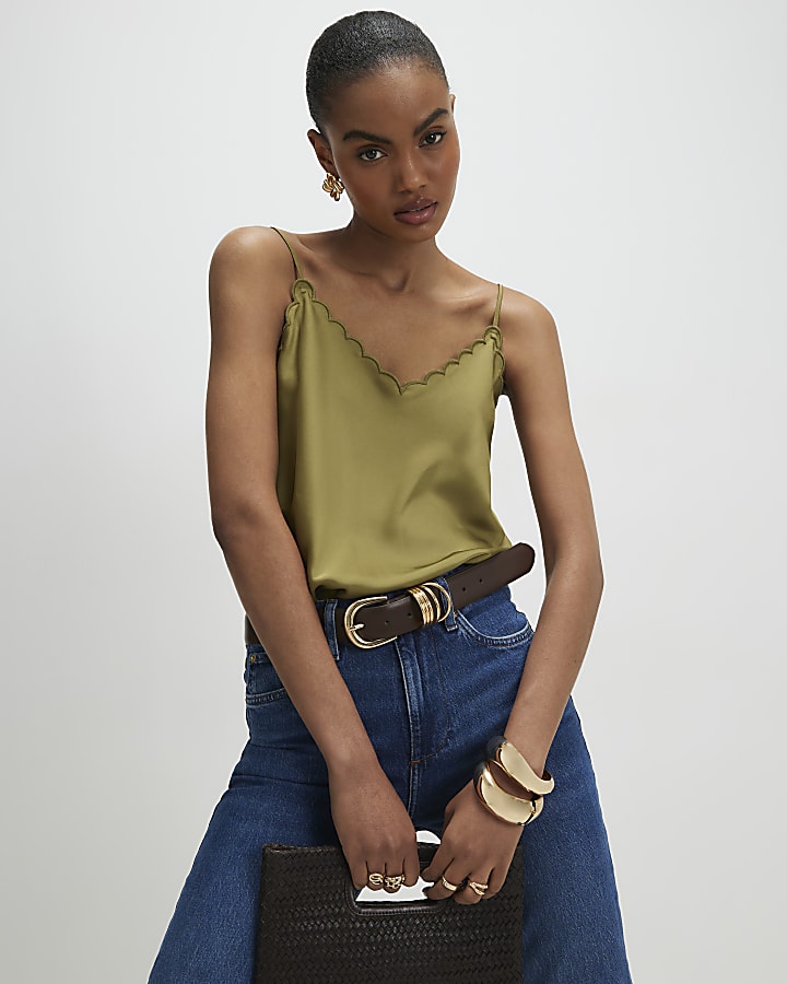 Khaki Satin Scallop Trim Cami Top