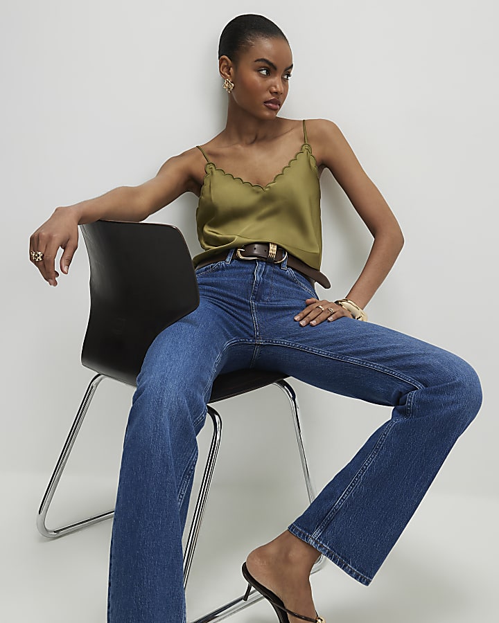 Khaki Satin Scallop Trim Cami Top