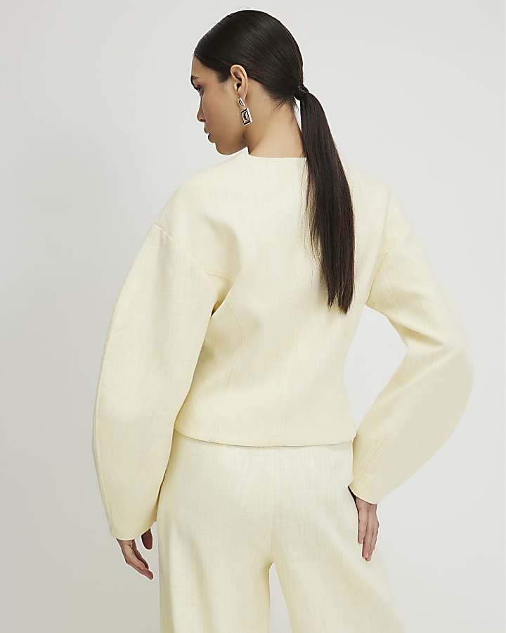 Yellow Linen Look Cocoon Sleeve Seamed Jacket