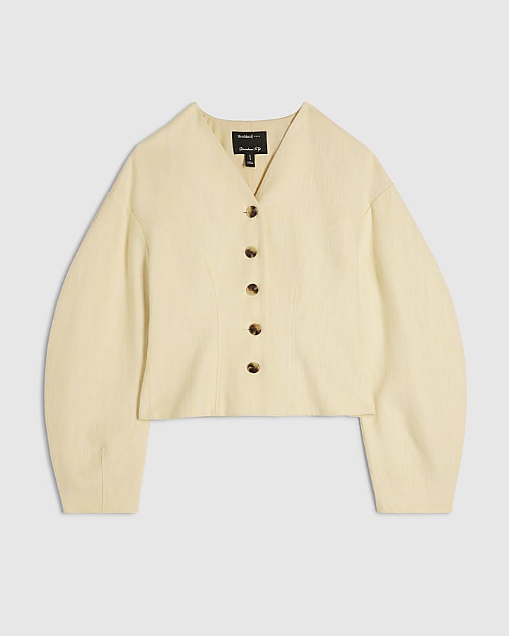 Yellow Linen Look Cocoon Sleeve Seamed Jacket