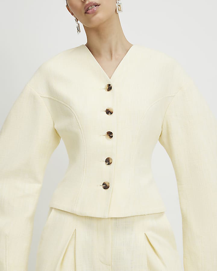 Yellow Linen Look Cocoon Sleeve Seamed Jacket
