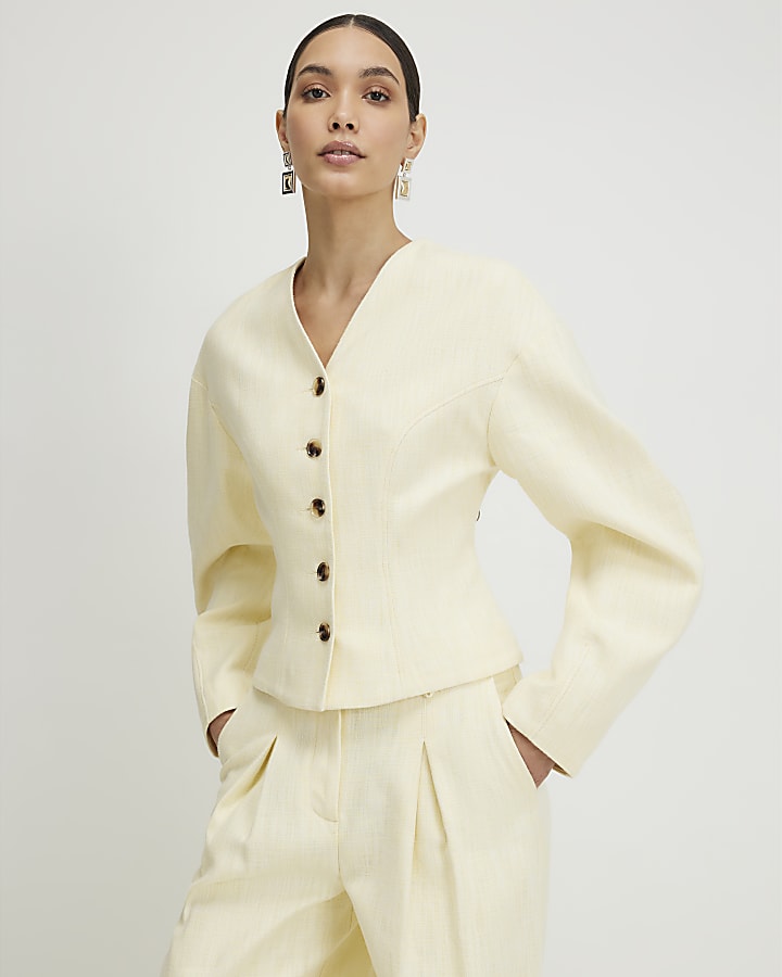 Yellow Linen Look Cocoon Sleeve Seamed Jacket