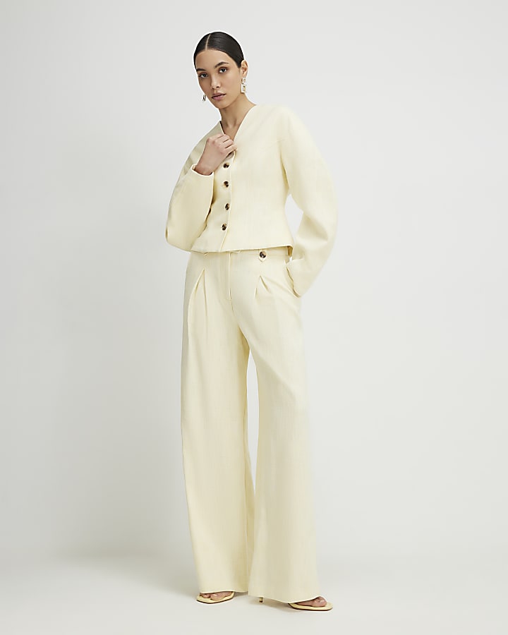 Yellow Linen Look Cocoon Sleeve Seamed Jacket