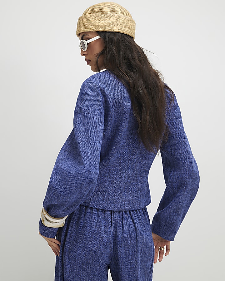 Navy Cotton Cocoon Sleeve Seamed Jacket